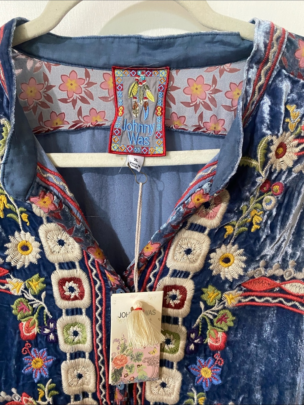 Johnny Was Navy Multicolor Embroidered Velvet-Panel Boho Long Sleeve Dress - Picture 2 of 13